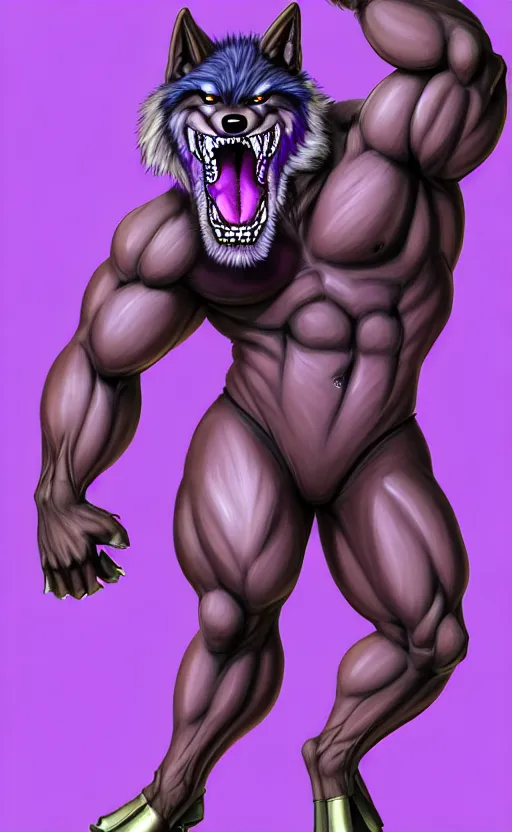 Image similar to painting of an anthropomorphic bulky muscular purple wolf, furry style, wearing jeans, deviant art, fursona, professional furry drawing, insanely detailed, bulky wolf - like face with dragon features, doing a pose from jojo's bizarre adventure, detailed veiny muscles, exaggerated features, beautiful shading, huge teeth, grinning, colorful background