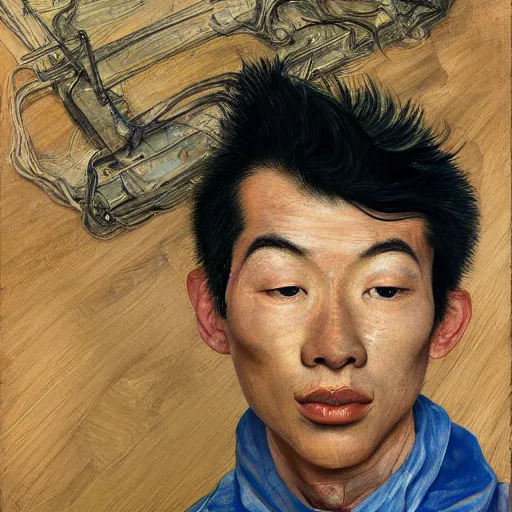 Image similar to detailed portrait of a modern, young confident asian american young man, by lucian freud, francis bacon, john chamberlain, willem de kooning, andreas franke, jean giraud, rob gonsalves, james gurney, james jean, ruan jia, gustav klimt