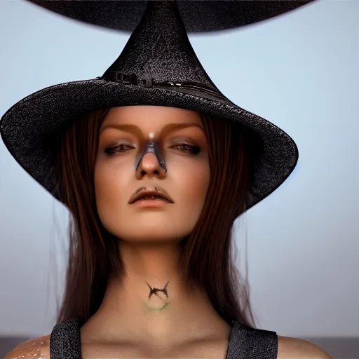 Prompt: fantasy witch wearing a hat, extreme detail, octane render, trending on artstation, 4 k, medium shot, symmetrical, bokeh, volumetric lighting, subsurface scattering.