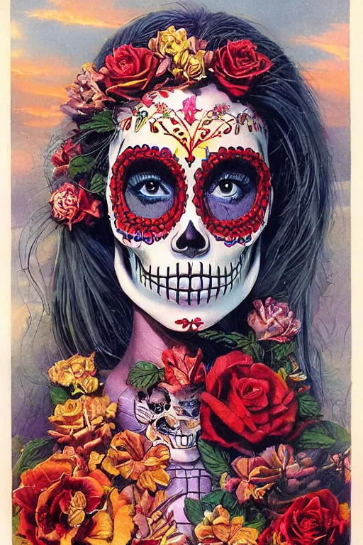 Image similar to Illustration of a sugar skull day of the dead girl, art by bruce pennington
