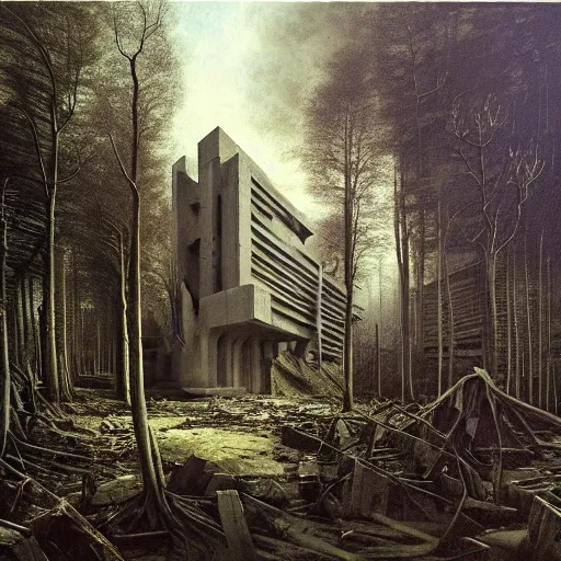 Prompt: a painting of a building in the middle of a forest, a detailed matte painting, brutalism, raw concret, dystopian art, greeble, oil paint, insanely detailed and intricate, hypermaximalist, elegant, ornate, hyper realistic by eugene von guerard, zdzislaw beksinski, arnold boecklin, francisco goya, caravaggio