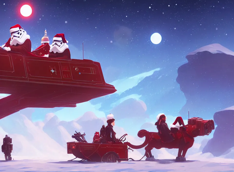 Image similar to extremely detailed concept art of a star wars santa sleigh by makoto shinkai and lois van baarle, ilya kuvshinov, rossdraws, global illumination, octane render, digital art, trending on artstation, sharp focus, 4 k