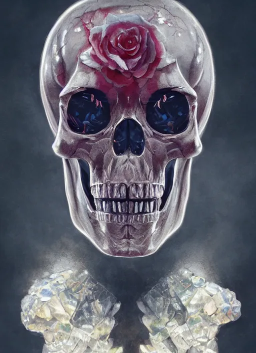 Image similar to A fancy portrait of a crystal skull by Greg Rutkowski, Sung Choi, Mitchell Mohrhauser, Maciej Kuciara, Johnson Ting, Maxim Verehin, Peter Konig, Bloodborne, 8k photorealistic, cinematic lighting, HD, high details, dramatic, atmospheric , trending on artstation