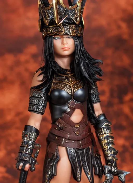 Prompt: 80mm resin detailed miniature of Queen of barbarian, black female, clothed in armor, circlet, very muscular, black hair, beautiful bone structure, symmetrical facial features, Product Introduction Photos, 4K, Full body