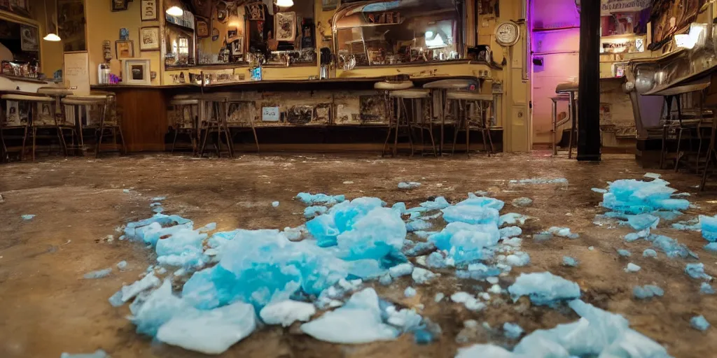 Image similar to inside a leaking freezer of melting ice cream cases is in an old fashioned ice cream parlor. the leak has made a colorful puddle of melted ice cream on the floor and is reminiscent to the shape of werewolf fangs. there is an eerie voluminous blue electric glow to the environment.