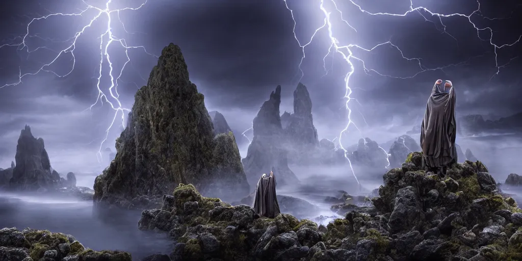 Image similar to photorealistic strange dark monks perform a ritual. magical symbols float above them. epic landscape with magically floating rocks, with ominous storm clouds, strange levitating stones, stones falling from the sky, a gentle rising mist. occult photorealism, uhd, amazing depth, glowing, volumetric lighting, cinematic lighting, design by alphonse mucha