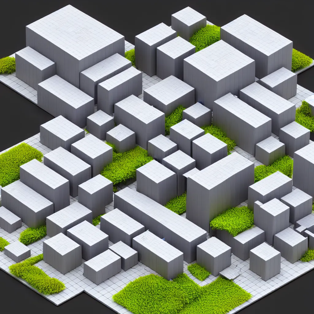 Prompt: architectural model, isometric view, 3 d render, studio lighting, low contrast, brightly lit studio, highly detailed, stacked boxes, large windows, courtyard, gabled roof, zig zag plan, house, tree
