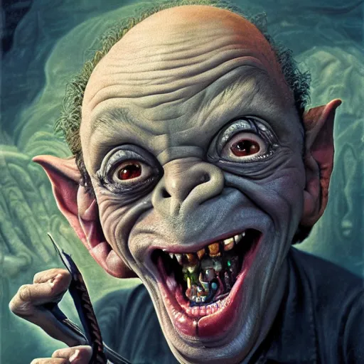 Image similar to Danny Devito as Mystical Gollum, Realistic, Regal, Refined, Detailed Digital Art, Michael Cheval, Walt Disney (1937), François Boucher, Oil Painting, Steampunk, Highly Detailed, Cinematic Lighting, Unreal Engine, 8k