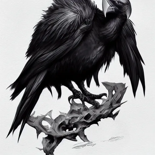 Prompt: raven sitting on skull, by artgerm. hd, hq, trending on artstation.