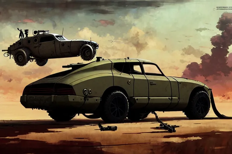 Prompt: dieselpunk mad max studebaker avanti with guns installed, painted by greg rutkowski makoto shinkai takashi takeuchi studio ghibli, akihiko yoshida