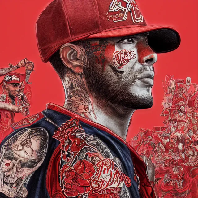 Image similar to the portrait of a los angeles blood's gang member wearing a red baseball cap, an ultrafine hyperdetailed illustration by kim jung gi, irakli nadar, intricate linework, bright colors, final fantasy, unreal engine 5 highly rendered, global illumination, radiant light, detailed and intricate environment