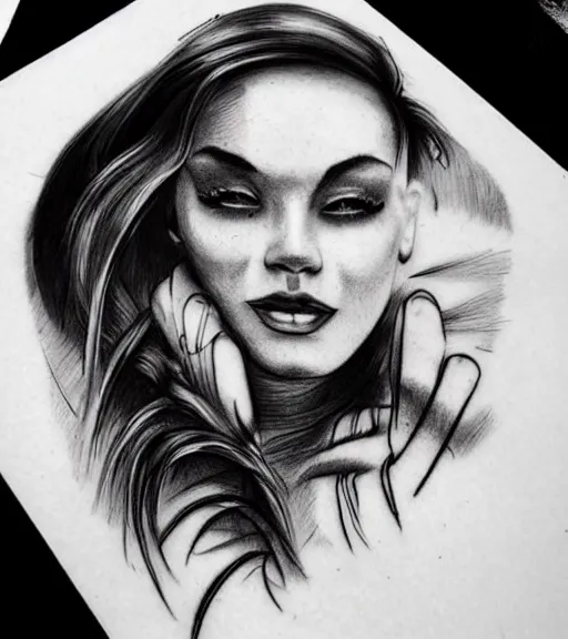 Image similar to amazing fade effect of beautiful mountain scenery with a beautiful woman face, tattoo design sketch, hyper - realistic, in the style of matteo pasqualin, amazing detail, black and white