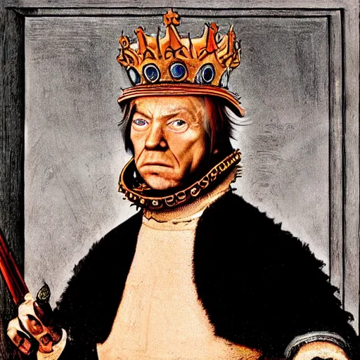 Prompt: donald trump wearing knights armor!!!!, donald trump holding a crazy broadsword, donald trump ’ s highly detailed face, donald trump ’ s handsome face, by hans holbein
