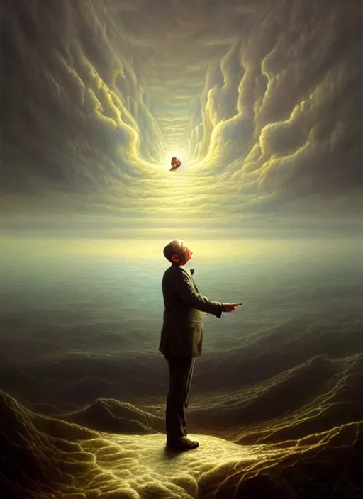 Image similar to a hyper - detailed 3 d render like a oil painting of god speaking with his creation, surrealism!!!!! surreal concept art, lifelike, photorealistic, digital painting, aesthetic, smooth, sharp focus, artstation hd, by greg rutkowski, chris tulloch mccabe, valentina remenar and asher duran,