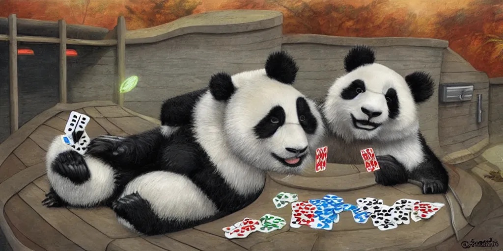 Image similar to A panda playing cards in a hot tub on a roof top, Greg Simkins