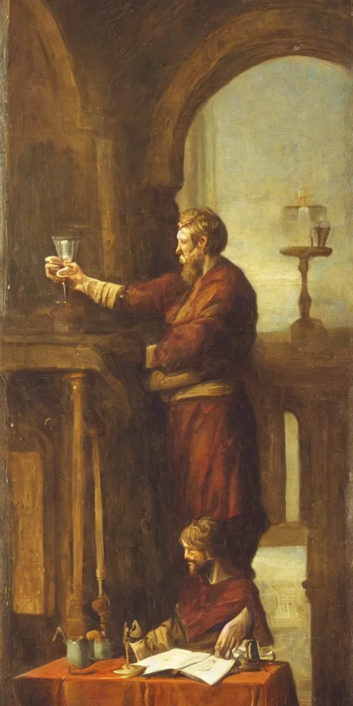 Image similar to a mystical man with a goblet on the table