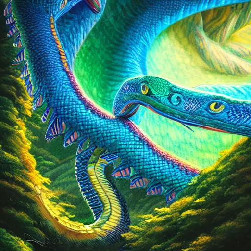 Prompt: a beautiful ultradetailed matte painting of Quetzalcoatl the feathered rainbow serpent flying over a lush mountain range at dusk by Laurel D Austin and Florent Desailly and Dan Mumford, tarot card, dazzling energy, ultra wide angle shot, high angle shot, intricate, fractal magic, rays of god, hyperdetailed, micro details, volumetric lighting, 8k, ray tracing, polarized lens