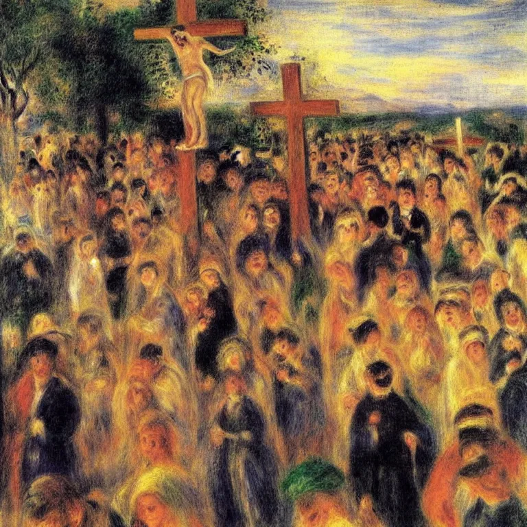 Prompt: A Holy Week procession of souls in a lush Spanish landscape at night. A figure at the front holds a cross. Pierre-Auguste Renoir (1880).