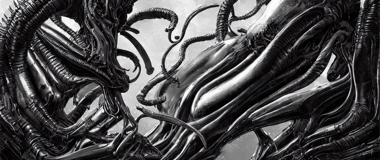 Image similar to duotone noir concept illustration portrait shiny black xenomorph alien by hr giger. cosmic horror atmosphere. cinematic volumentric lighting. by cd projekt red, sachin teng and sergey kolesov and ruan jia and heng z. graffiti art, scifi, fantasy, hyper detailed. octane render. trending on artstation