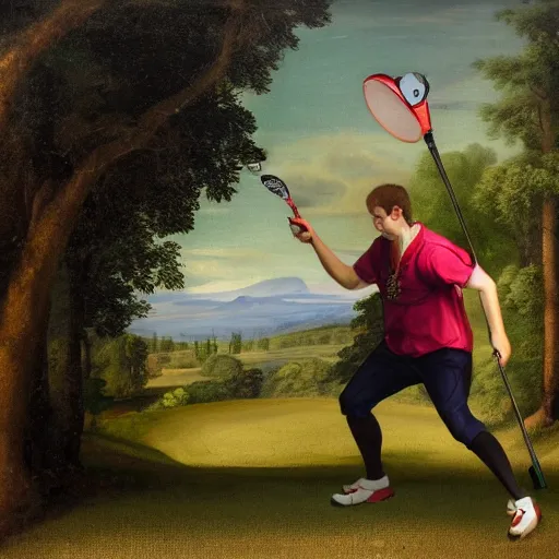 Prompt: a man playing discgolf in the style of a baroque painting