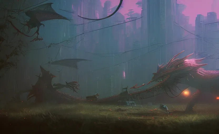 Image similar to A dragon rendered by Beeple, Makoto Shinkai, syd meade, simon stålenhag, environment concept, synthwave style, digital art, unreal engine, WLOP, trending on artstation, 4K UHD image, octane render,