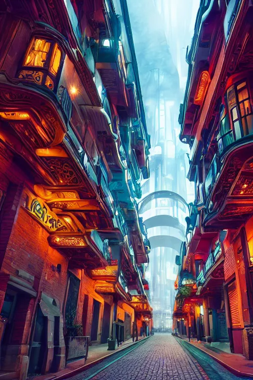 Image similar to a futuristic victorian city street, national geographic cover, award winning, 4 k, smooth, bright, light, colorful, victorian, futuristic, cyber - w 1 7 9 2