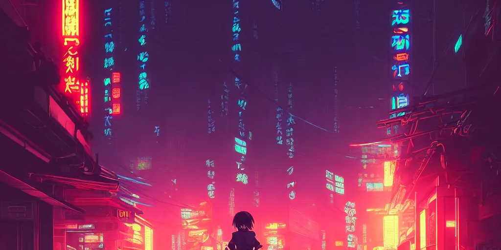 Image similar to digital illustration closeup of cyberpunk samurai in city street at night by makoto shinkai, ilya kuvshinov, lois van baarle, rossdraws, basquiat | afrofuturism, in the style of hearthstone, trending on artstation | cool color scheme