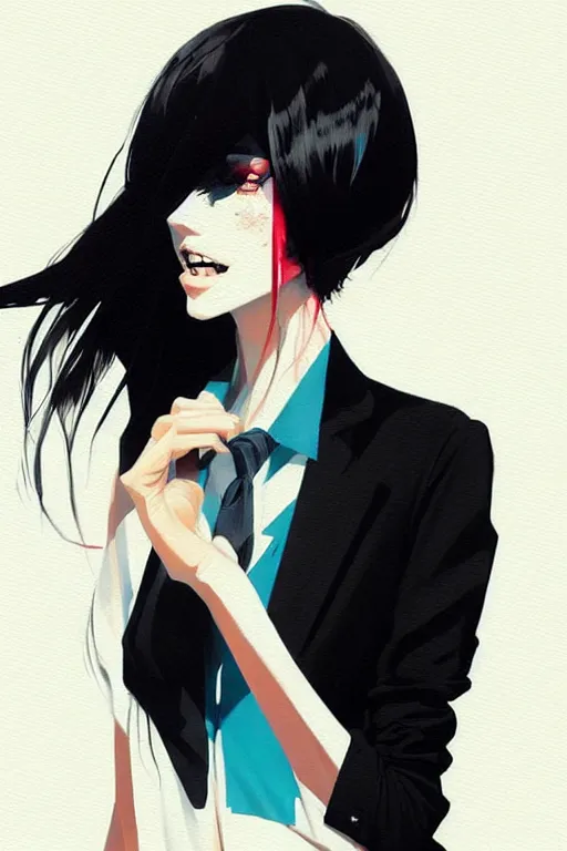 Image similar to a ultradetailed beautiful panting of a stylish woman wearing a shirt with a tie, she has black hair, by conrad roset, greg rutkowski and makoto shinkai, trending on artstation