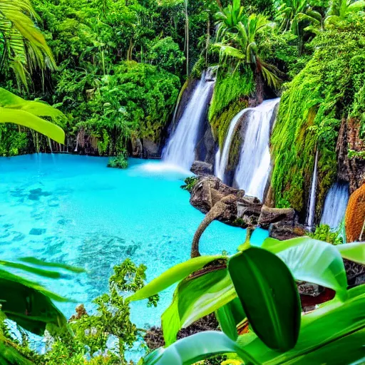 Prompt: of a tropical island with a majestic waterfall flowing into a clear pool of water.