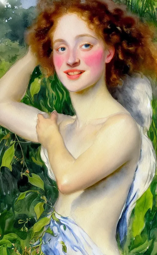 Image similar to the face of a young woman with marble complexion, angelic features, dancing curls around her face, her head raised in rapture, laughing, symmetrical eyes, watercolor by john singer sargent, background lush vegetation, insects and birds, 8 k uhd