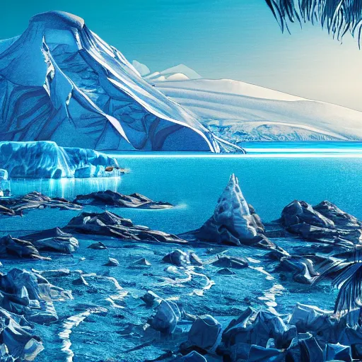 Image similar to tropical island beneath antarctica, cinematic, establishing shot, extremely high detail, photorealistic, cinematic lighting, intricate line drawings, 8k resolution