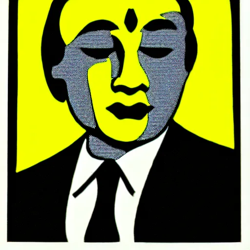 Image similar to indian god and politician, sticker in style of roy lichtenstein, plain black background, dye cut sticker