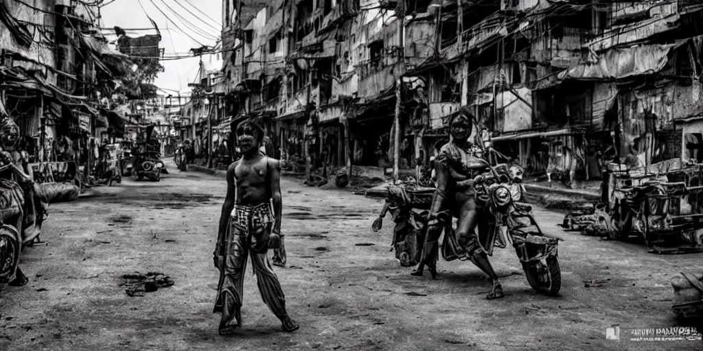 Image similar to sri lankan mad max style, city streets, film still, epic shot cinematography, rule of thirds