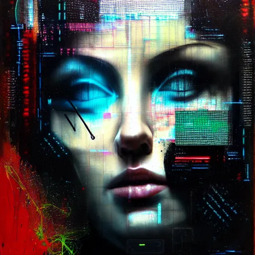 Prompt: hyperrealistic portrait of a cyberpunk woman, digital ui, by Guy Denning, Johannes Itten, Russ Mills, glitch art, hacking effects, glitch effects, digitial tech effects, cybernetics, chromatic, color blocking!, oil on canvas, concept art, abstract