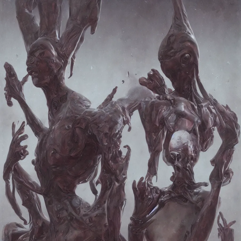 Image similar to photorealistic portrait depiction of a beautiful alien, latex domme, extraterrestrial, sharp focus, by wayne barlowe, by corbusier, by greg rutkowski, ornate painting, high quality