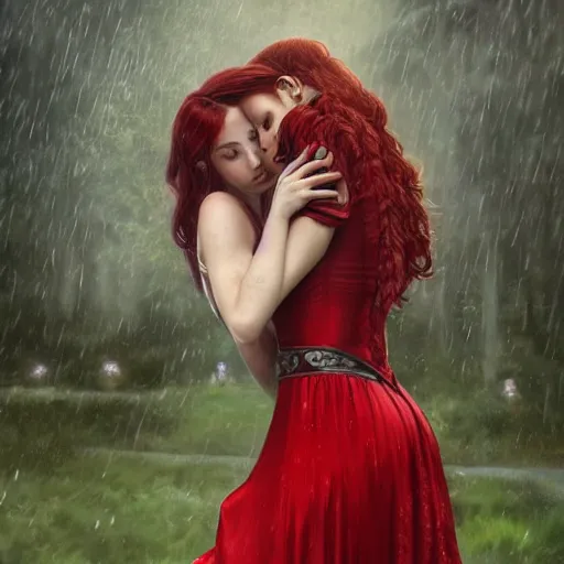 Image similar to a highly detailed portrait of polyamorous red haired vampire queens kissing in the rain wearing a blood red dress, epic fantasy, viewed in profile from far away, ultrawide lens, art by artgerm and greg rutkowski and alphonse mucha, volumetric lighting, 4 k resolution, trending on artstation, masterpiece