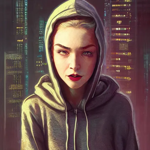 Prompt: character portrait of a 1950s girl in a hoodie, bald, dystopian cyberpunk steampunk soviet mood, intricate, wild, highly detailed, digital painting, artstation, upper body, concept art, smooth, sharp focus, illustration, art by artgerm and greg rutkowski and alphonse mucha