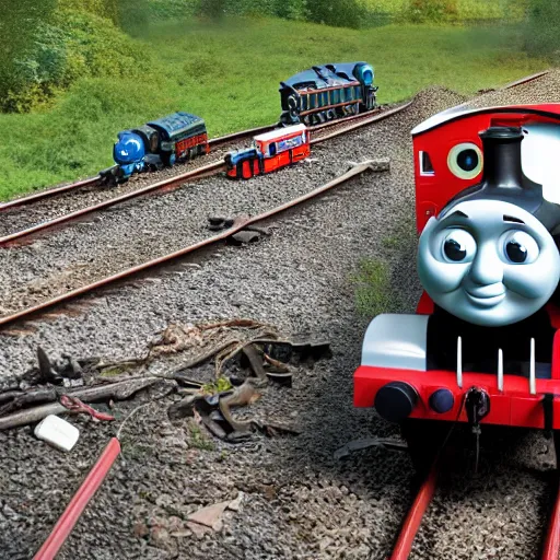 Prompt: Thomas the tank engine derailment accident, 8k photography, high definition, ultra realistic, award winning photo