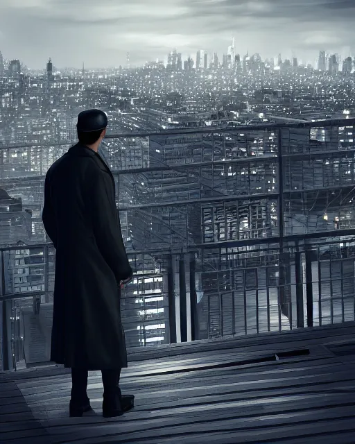 Image similar to a night rooftop scene, close up shot of a photorealistic gangster wearing a trench coat looking at the city below, unreal engine, hyper realism, realistic shading, artstation