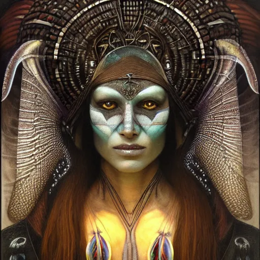 Image similar to beautiful closeup portrait of an art deco shaman, glowing eyes. reflective detailed textures, moth wings, highly detailed dark fantasy science fiction painting by tom bagshaw and michael whelan and diego rivera and annie swynnerton and jean delville, elaborate geometric ornament, ancient runes, silver and cool colors. artstation