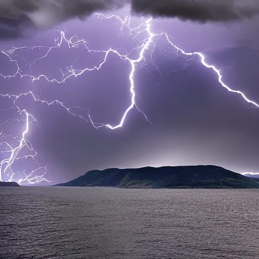 Prompt: a dark thunderstorm over the Norwegian fjords, distant mountains, digital art, bright lightning bolts