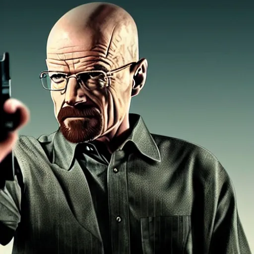 Image similar to Walter White pointing a gun at right side, accurate anatomy, highly detailed