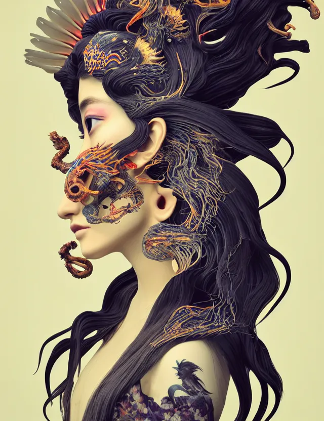 Image similar to 3 d slvic goddess half - turn portrait with long hair with ram skull. beautiful intricately detailed japanese crow kitsune mask and clasical japanese kimono. betta fish, jellyfish phoenix, bio luminescent, plasma, ice, water, wind, creature, artwork by tooth wu and wlop and beeple and greg rutkowski