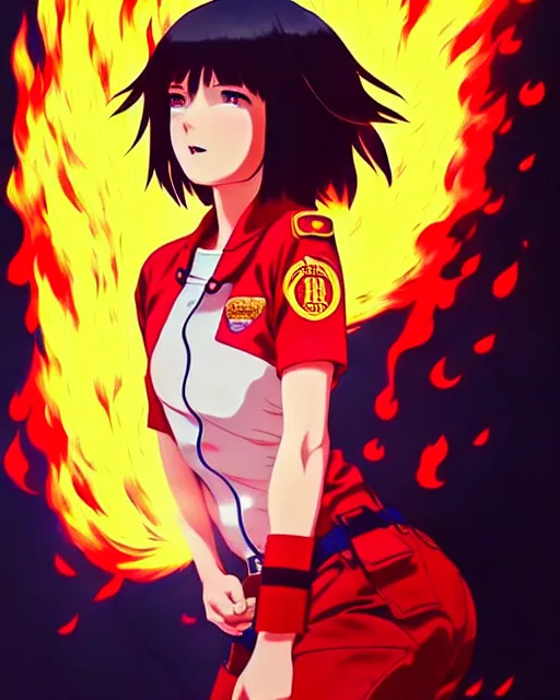 Image similar to fireman, covered in beautiful flames | | very very anime!!!, beautiful fine - face, audrey plaza, realistic shaded perfect face, fine details. anime. realistic shaded lighting poster by ilya kuvshinov katsuhiro otomo ghost - in - the - shell, magali villeneuve, artgerm