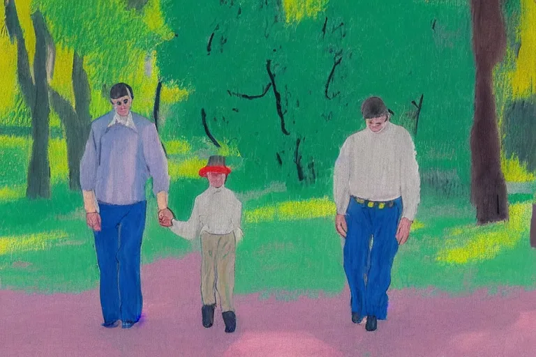 Image similar to a very tall man named John with dark hair holding the hands of a short young boy named Alex with dark hair as they walk in a park on a bright beautiful colorful day. part in the style of an edgar degas painting. part in the style of david hockney