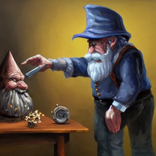 Image similar to an old professor experimenting with deadly gnomes, higly detailed, oil painting, mystic