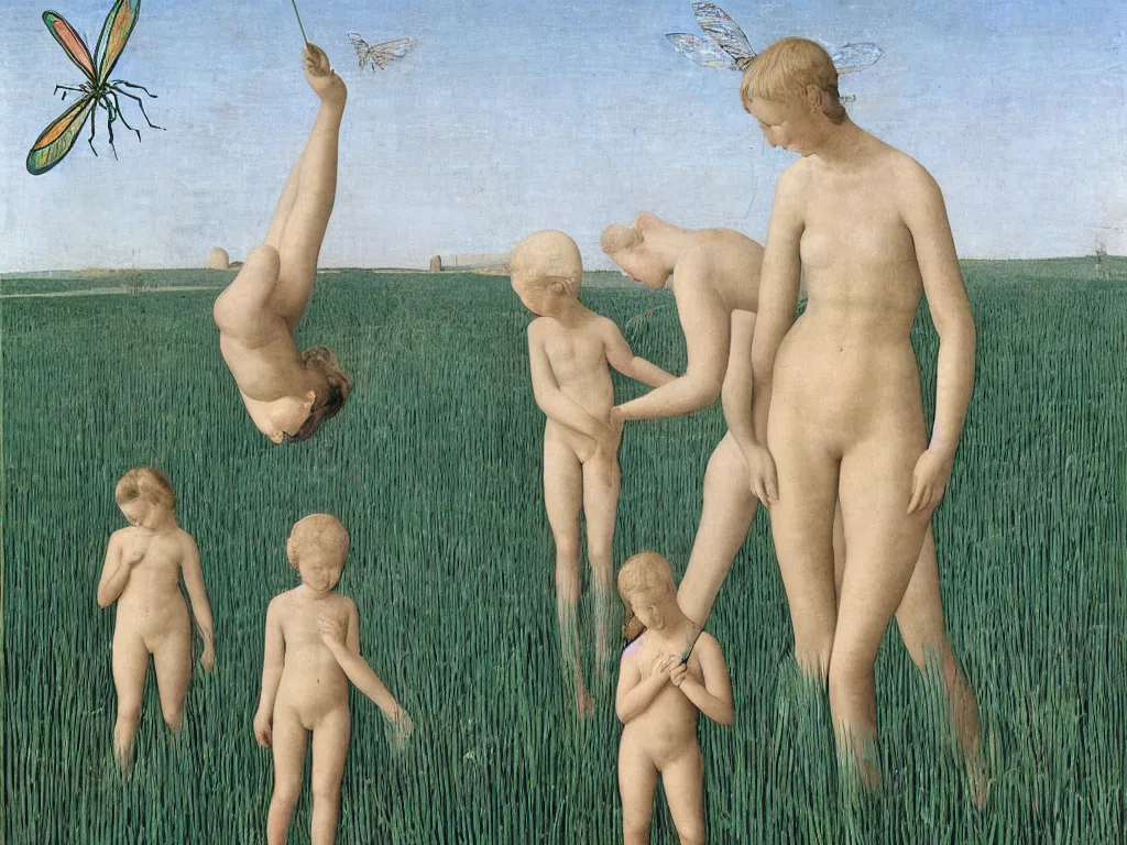 Prompt: Small child with a giant iridescent insect in the iris field. Painting by Piero della Francesca, Alex Colville
