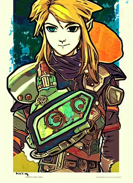 Image similar to solar punk link from zelda!! solar cyborg portrait illustration, pop art, splash painting, art by geof darrow, ashley wood, alphonse mucha, makoto shinkai