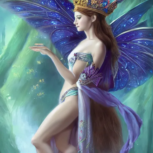 Image similar to detailed portrait of a fairy queen with wings wearing a silk robe, crown, pixie, iris, realism, emerald, galaxy, sapphire, blonde hair going down to touch the floor, moonlit, wearing a bejeweled mask, dark fantasy, dramatic lighting, cgsociety, artstation