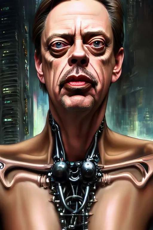 Image similar to wow! 3 / 4 stunning photorealistic portrait of steve buscemi in a kowloon cyberpunk cityscape, biomechanical bodysuit, oppai proportions, acid rain, dark fantasy by artgerm and clay mann and sorayama and alphonse mucha, very realistic, hyperdetailed, trending on artstation, octane render